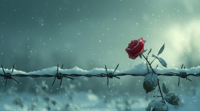 A solitary red rose clinging to barbed wire in a poignant winter scene