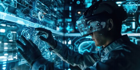 Engineer working in the digital realm of the future, harnessing the power of artificial intelligence for complex calculations and data analysis.