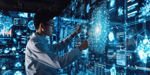 Engineer working in the digital realm of the future, harnessing the power of artificial intelligence for complex calculations and data analysis.