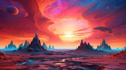 A sunset over an alien landscape