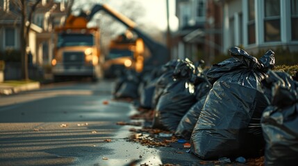 Suburban morning as waste management begins collection among black garbage bags