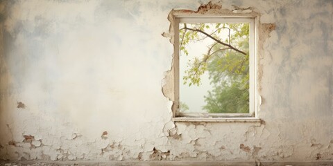 Abandoned house wall, white paint peeling, open window with nature view.