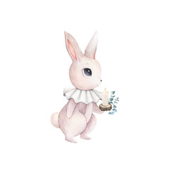 Watercolor illustration of cute bunny, rabbit, hare with candle, plant. Brown set of cutie animal portrait in pastel colors with collar. Stickers, wall art, kids room decor, easter bunny