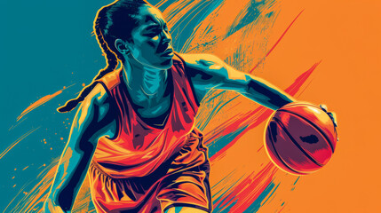 Illustration of a woman playing basketball with vibrant colors and action. Isolated on a copyspace background