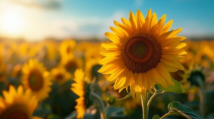 Vibrant sunflower field at sunrise creating a scene of natural splendor
