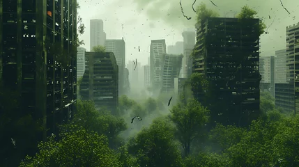 Foto op Plexiglas A hauntingly beautiful 3D rendered scene showcasing a dystopian city hauntingly reclaimed by lush vegetation and towering trees. Nature triumphs over concrete in this captivating image. © Nijat