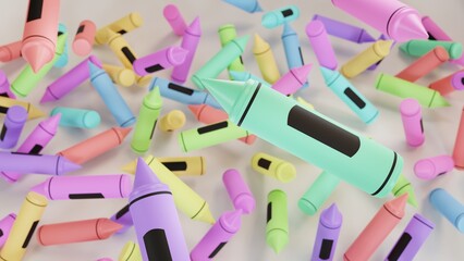 Naklejka premium 3D illustration of colorful crayons falling to the ground on white background