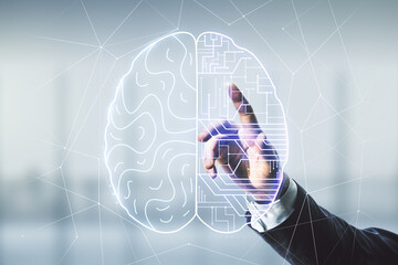 Double exposure of man hand presses on creative artificial Intelligence interface on blurred office background. Neural networks and machine learning concept