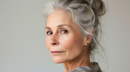 Graceful older woman with silver hair styled in a chic bun and kind, captivating brown eyes. Her radiant smile reflects her wisdom and resilience.
