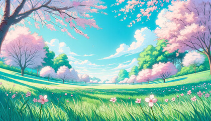 春の草原と桜 