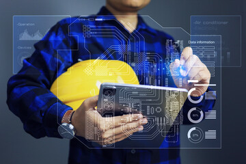 Facility management concept with engineer using tablet to monitoring single line diagram of...