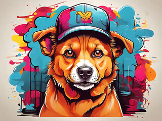 Colourful graffiti illustration of a dog and a basecap AI generated.