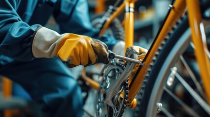 Woman repairman in rubber gloves repairing bike with tools closeup  - obrazy, fototapety, plakaty