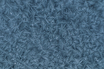 Frosty pattern on a window in blue tones on a frosty winter day
