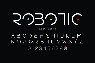 Fototapeta na wymiar Geometric futuristic alphabet, robotic stencil letters, abstract font for minimalistic clean logo, unusual innovative headline, minimal simple typographic design. Vector typeset