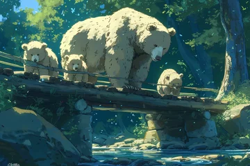 Poster cartoon bear with cubs taking turns crossing the log © hamsah