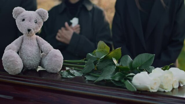 Panning closeup of white rose blossoms and grey teddy bear on wooden casket lid at outdoor funeral ceremony for deceased baby
