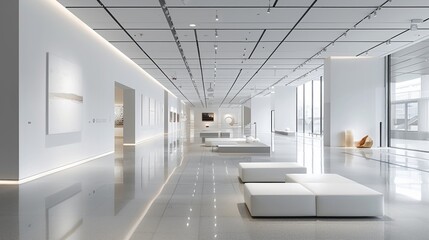 Spacious and minimalist modern gallery space with abstract architectural elements