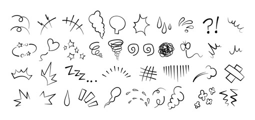 Anime comic emoticon element graphic effects hand drawn doodle vector illustration set.