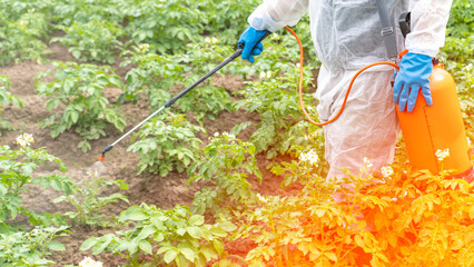 Plant protection against pests and diseases, A man in a white protective suit treats plants with a...