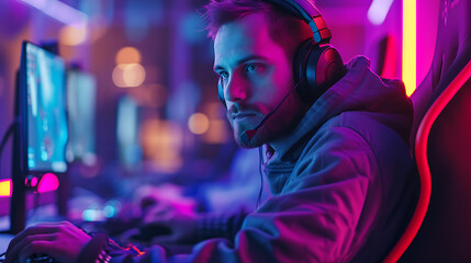 Obraz na płótnie Canvas Pro gamer in a neonlit room, immersed in a thrilling gaming tournament, showcasing intense focus and skill in this futuristic digital art masterpiece.