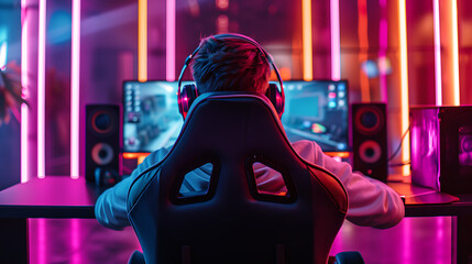 Pro gamer in a neonlit room, immersed in a thrilling gaming tournament, showcasing intense focus and skill in this futuristic digital art masterpiece.