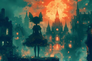 halloween night in anime style - obrazy, fototapety, plakaty