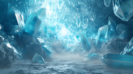 Explore the mesmerizing beauty of an ethereal ice cave adorned with enchanting, luminescent crystals. Get lost in the enchantment of this stunning 3D abstract render, creating a truly cool a - obrazy, fototapety, plakaty