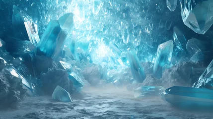 Deurstickers Explore the mesmerizing beauty of an ethereal ice cave adorned with enchanting, luminescent crystals. Get lost in the enchantment of this stunning 3D abstract render, creating a truly cool a © Nijat