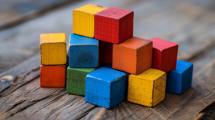 Colorful wooden toy blocks on wood