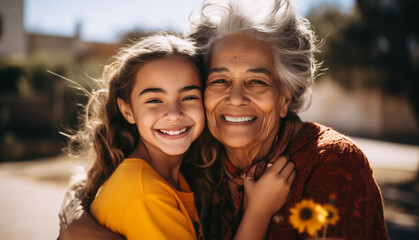 An Affectionate Outdoor Portrait of Grandmother and Granddaughter - obrazy, fototapety, plakaty
