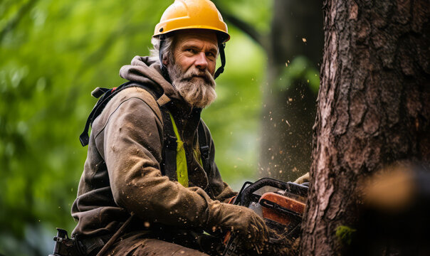 portrait of Faller, who Use axes or chainsaws to fell trees using knowledge of tree characteristics and cutting techniques to control direction of fall and minimize tree damage