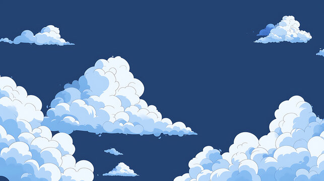 A charming and whimsical cartoon animation featuring a serene, minimalistic landscape with numerous puffy white clouds floating peacefully in a vibrant blue sky. This playful illustration is