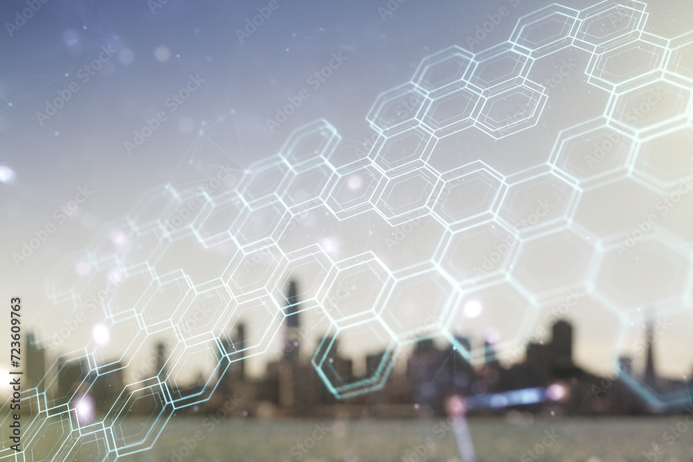 Poster abstract virtual wireless technology hologram with hexagon on blurry skyline background. big data an