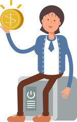 Businesswoman Character Sitting on Safe and Holding Dollar Coin

