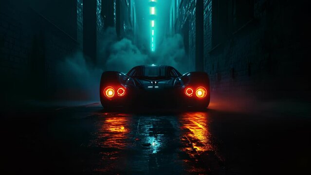 In a dark alleyway the headlights of a street racing car glow like two fiery orbs symbolizing the intense competitiveness and thrill of the race about to begin.