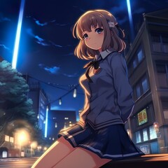 cute kawai anime girl in city 