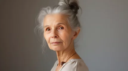 Fotobehang Serene and elegant, this captivating portrait showcases an older woman with her silver hair gracefully tied in a neat bun. Her soft, kind eyes reflect a wisdom honed by a lifetime of experie © Nijat