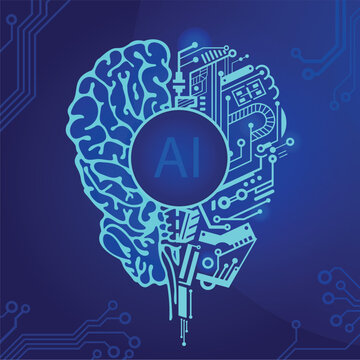 artificial intelligence, blue cyber brain with lights, ai concept, science icon, vector illustration, dark blue isolated on white background