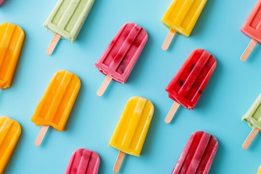 Colorful popsicles on a blue background arranged in a pattern, summer dessert concept.