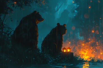 illustration of a bear at night