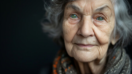 An elderly lady exuding grace and wisdom, her thinning grey hair framing her gentle green eyes, reflecting a lifetime of experiences.