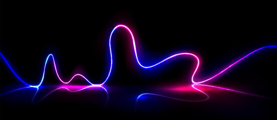 Neon laser wave for music equalizer concept. Realistic vector illustration of abstract pink and blue glow line as sound energy pulse. Gradient led fluorescent dynamic chart for synthwave design. © klyaksun