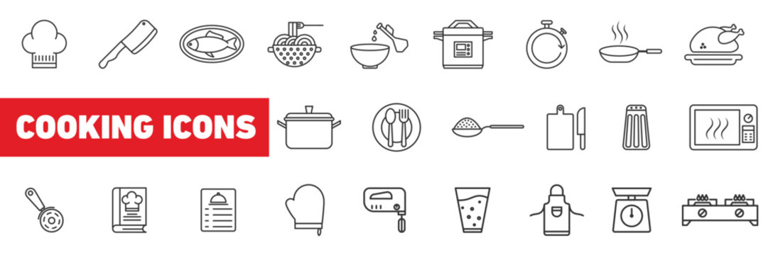 cooking line icons set. kitchen cutlery, pot, pan, related signs and symbols collection in Linear icon Editable stroke style.
