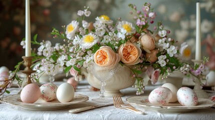 Obraz na płótnie Canvas An elegant Easter brunch table setting with delicate floral painted eggs and greenery