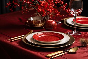 Obraz premium Sensational Red Dinnerware and Silverware Set For Holiday Dining