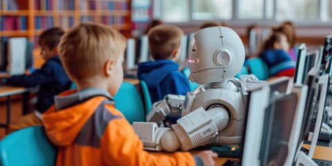 Modern classroom, teachers employ artificial intelligence to enhance education by delivering lessons, teaching from books, and facilitating learning among students.