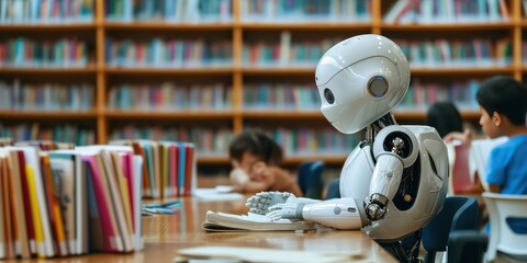 Modern classroom, teachers employ artificial intelligence to enhance education by delivering lessons, teaching from books, and facilitating learning among students.