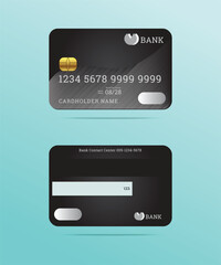 Realistic credit cards front and back color detailed black card with cardholder name,bank logo,magnetic stripe,signature blank,isolated vector on green background