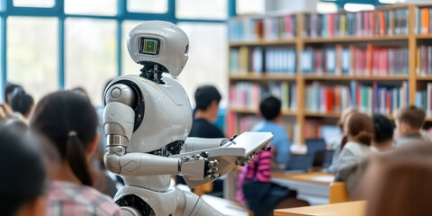 Modern classroom, teachers employ artificial intelligence to enhance education by delivering lessons, teaching from books, and facilitating learning among students.